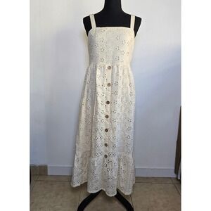 NWT Dress Naoo Women's Eyelet Maxi Dress Size L Ivory Button Front Cotton Boho